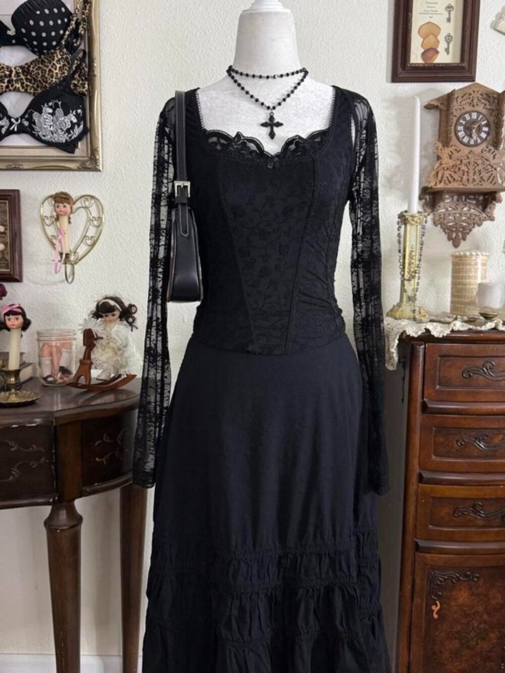 Witchy girly grunge goth black ruffled midi skirt